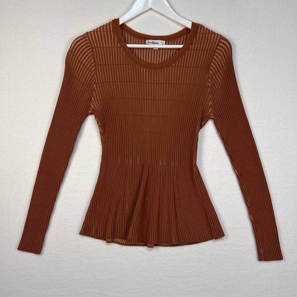 Sam Edelman Ribbed Peplum Top Womens L Brown Rust Sheer Stripe Long Sleeve